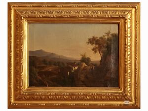 Scuola italiana del XIX/XX secolo - Paesaggio con casolare e viandante
