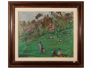 Renato Alessandrini - Veduta di parco con figure
