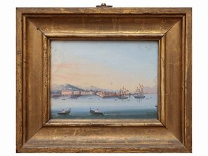 Scuola napoletana della fine del XIX/inizio del XX secolo - Scorcio del golfo di Napoli con velieri