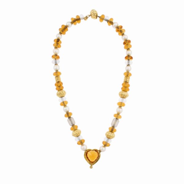 Collana in oro giallo 18kt quarzi citrini, cristallo di rocca e perle coltivate  - Asta Gioielli Orologi Bijoux Vintage Web Only - Associazione Nazionale - Case d'Asta italiane
