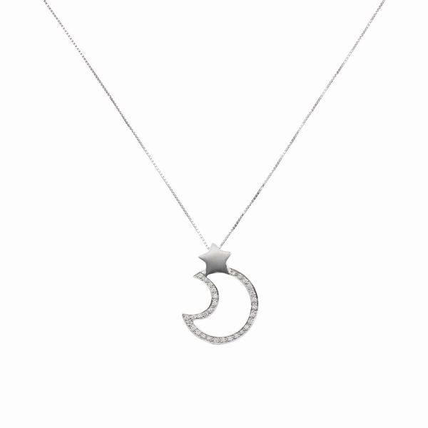 Pendente Luna con stella in oro bianco 18kt e diamanti  - Asta Gioielli Orologi Bijoux Vintage Web Only - Associazione Nazionale - Case d'Asta italiane