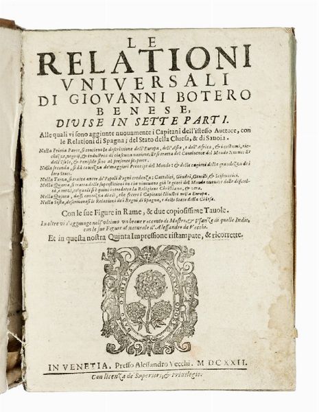 GIOVANNI BOTERO : Le relationi universali [...] divise in sette parti...  - Asta Libri, autografi e manoscritti - Associazione Nazionale - Case d'Asta italiane
