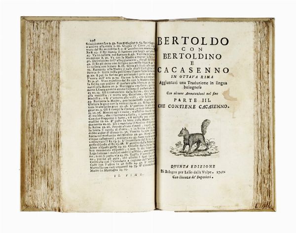 Giulio Cesare Croce : Bertoldo con Bertoldino e Cacasenno in ottava rima aggiuntavi una traduzione in lingua bolognese con alcune annotazioni nel fine...  - Asta Libri, autografi e manoscritti - Associazione Nazionale - Case d'Asta italiane