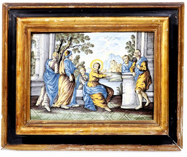 Targa “Cristo dialoga con cinque discepoli” <BR>Castelli, bottega Gentili, ultimo quarto del XVIII secolo  - Asta Maioliche e Porcellane - Associazione Nazionale - Case d'Asta italiane