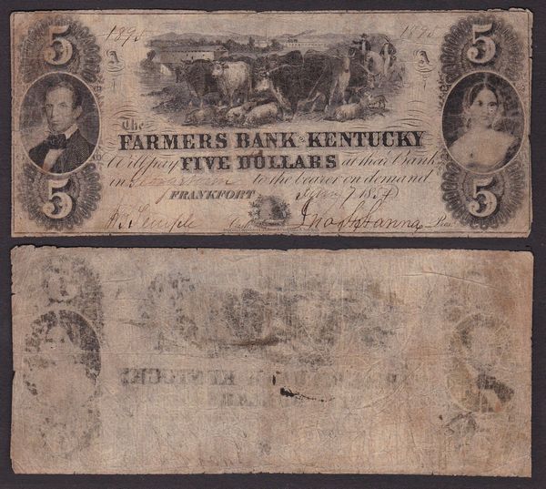 OBSOLETE PAPER MONEY. KENTUCKY FRANKFORT - FARMERS BANK OF KENTUCKY 1850-1860. Lotto di 2 esemplari.  - Asta Numismatica Light - Associazione Nazionale - Case d'Asta italiane