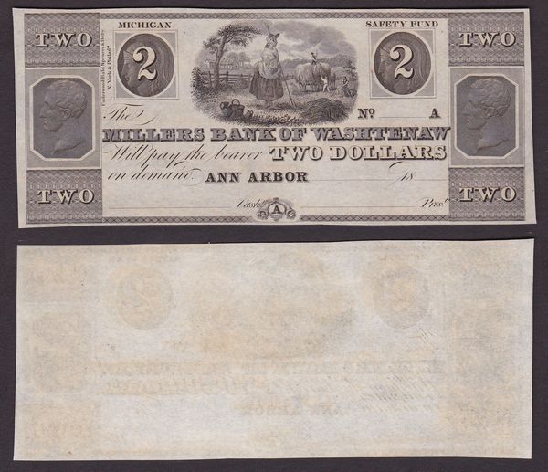 OBSOLETE PAPER MONEY. MICHIGAN ANN ARBOR- MILLERS BANK OF WASHTENAW 1837-1839. 2 Dollars.  - Asta Numismatica Light - Associazione Nazionale - Case d'Asta italiane