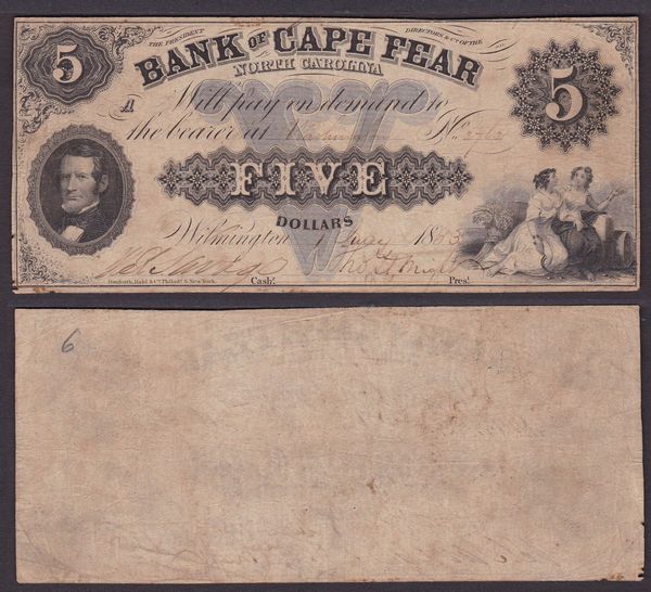 OBSOLETE PAPER MONEY. NORTH CAROLINA WILMINGTON  - BANK OF CAPE FEAR 1804-1866. 5 Dollars 1863.  - Asta Numismatica Light - Associazione Nazionale - Case d'Asta italiane