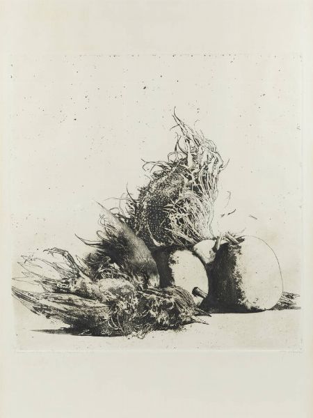 SERGIO SARONI Torino 1934 - 1991 : Grande natura morta con girasole  - Asta Grafica - Associazione Nazionale - Case d'Asta italiane