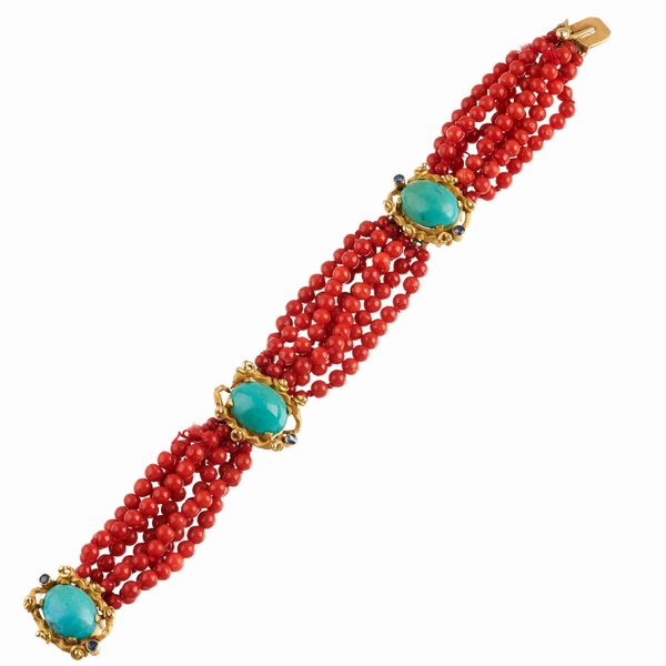 BRACCIALE A FASCIA MULTIFILO CON CORALLI E TURCHESI  - Asta Gioielli  - Associazione Nazionale - Case d'Asta italiane