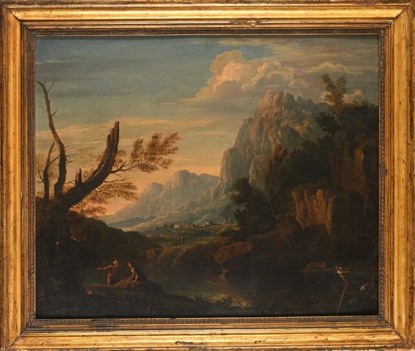 Scuola romana del XVIII secolo : Paesaggio arcadico  - Asta Collezioni Private - Mobili, Oggetti d'Arte e Dipinti Antichi e del XIX Secolo - Associazione Nazionale - Case d'Asta italiane