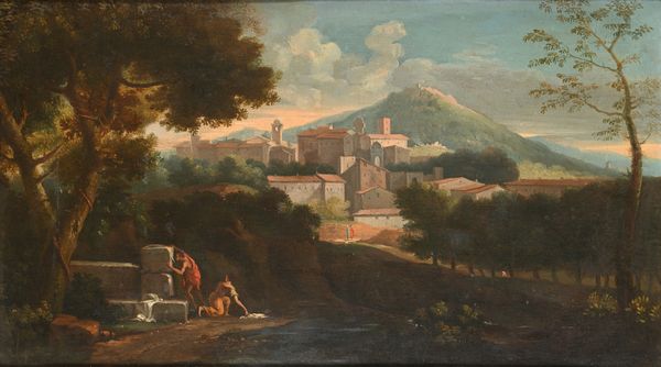 Andrea Locatelli : Paesaggio fluviale con figure al fontanile e borgo in lontananza  - Asta Collezioni Private - Mobili, Oggetti d'Arte e Dipinti Antichi e del XIX Secolo - Associazione Nazionale - Case d'Asta italiane