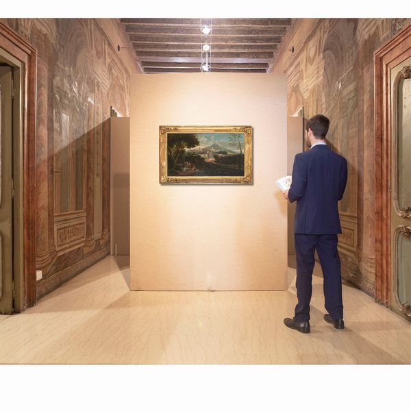 Andrea Locatelli : Paesaggio fluviale con figure al fontanile e borgo in lontananza  - Asta Collezioni Private - Mobili, Oggetti d'Arte e Dipinti Antichi e del XIX Secolo - Associazione Nazionale - Case d'Asta italiane