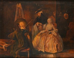 PITTORE DEL XIX SECOLO : Il pittore davanti al suo cavalletto ritrae una giovane donna  - Asta Collezioni Private - Mobili, Oggetti d'Arte e Dipinti Antichi e del XIX Secolo - Associazione Nazionale - Case d'Asta italiane
