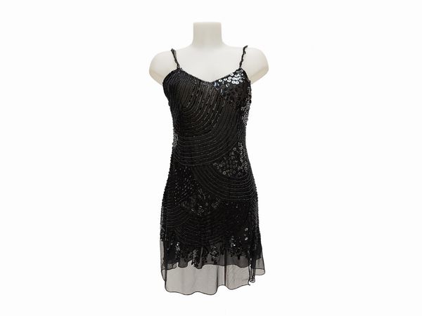 Abito da sera corto in voile di seta nera con paillettes, Lucio Antonucci Firenze  - Asta Vintagemania - Associazione Nazionale - Case d'Asta italiane