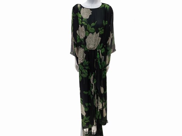 Abito sartoriale da sera lungo in chiffon di seta nero con motivo di rose  - Asta Vintagemania - Associazione Nazionale - Case d'Asta italiane