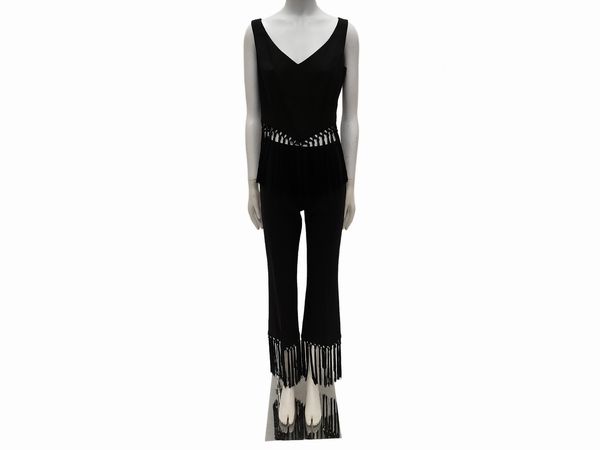 Escada - Completo pantaloni e top nero con frange  - Asta Vintagemania - Associazione Nazionale - Case d'Asta italiane