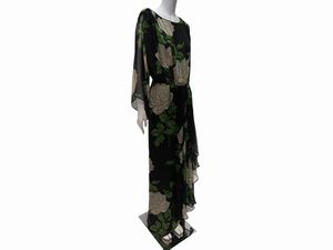 Abito sartoriale da sera lungo in chiffon di seta nero con motivo di rose  - Asta Vintagemania - Associazione Nazionale - Case d'Asta italiane