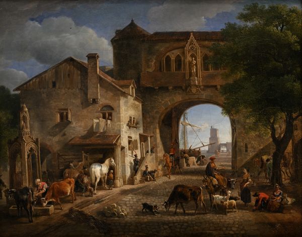 Scuola francese del XIX secolo : Scena di vita in una citt� portuale  - Asta Dipinti del XIX e XX secolo - Associazione Nazionale - Case d'Asta italiane