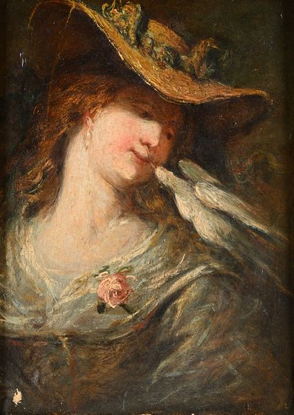 Scuola Europea del XIX secolo : Giovane donna con cappello e colomba  - Asta Dipinti del XIX e XX secolo - Associazione Nazionale - Case d'Asta italiane