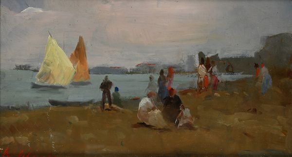 Alfredo Del Sordo : Spiaggia di una citt� costiera con figure e vele in mare.  - Asta Dipinti del XIX e XX secolo - Associazione Nazionale - Case d'Asta italiane