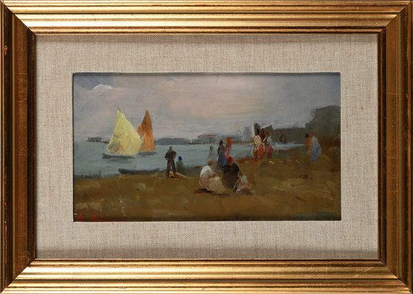 Alfredo Del Sordo : Spiaggia di una citt� costiera con figure e vele in mare.  - Asta Dipinti del XIX e XX secolo - Associazione Nazionale - Case d'Asta italiane