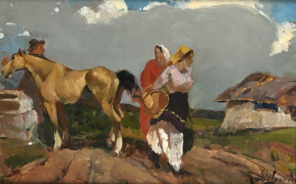 Alfredo Del Sordo : contadini in campagna con cavallo all'abbeveratoio  - Asta Dipinti del XIX e XX secolo - Associazione Nazionale - Case d'Asta italiane