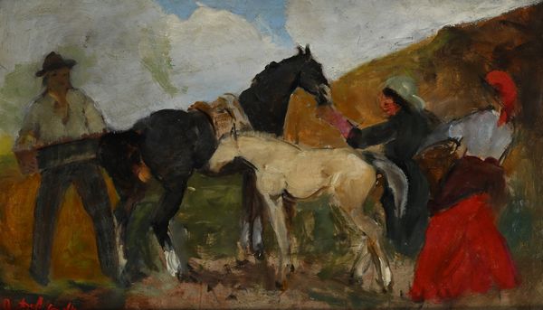 Alfredo Del Sordo : Contadini con cavallo e puledro bianco  - Asta Dipinti del XIX e XX secolo - Associazione Nazionale - Case d'Asta italiane