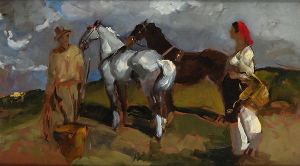 Alfredo Del Sordo : coppia di contadini in sosta con due cavalli  - Asta Dipinti del XIX e XX secolo - Associazione Nazionale - Case d'Asta italiane