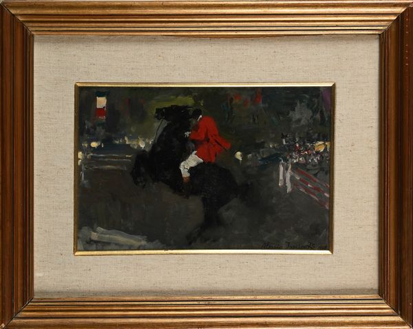 Alessio Issupoff : Cavaliere con cavallo impennato alla riunione ippica internazionale di Roma nel 1948.  - Asta Dipinti del XIX e XX secolo - Associazione Nazionale - Case d'Asta italiane