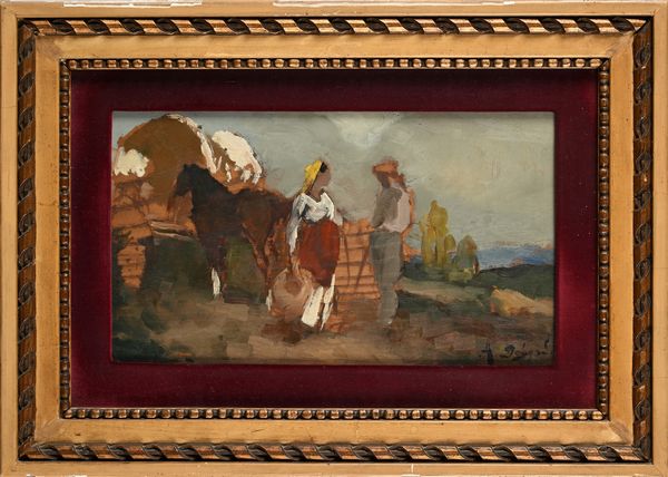 Alfredo Del Sordo : Sosta di contadini con cavallo all'abbeveratoio  - Asta Dipinti del XIX e XX secolo - Associazione Nazionale - Case d'Asta italiane