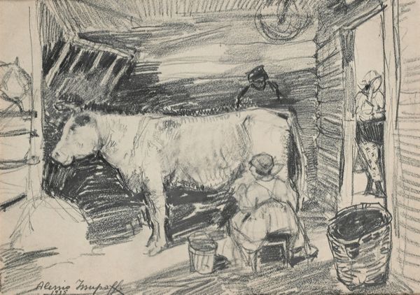 Alessio Issupoff : La mungitura nella stalla  - Asta Dipinti del XIX e XX secolo - Associazione Nazionale - Case d'Asta italiane