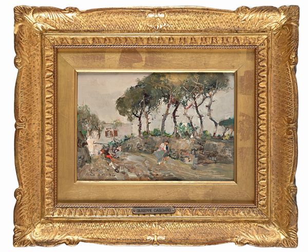 Giuseppe Casciaro : Ischia, passeggio lungo la pineta  - Asta Dipinti del XIX e XX secolo - Associazione Nazionale - Case d'Asta italiane