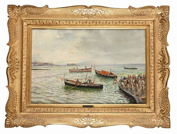 Attilio Pratella : Napoli, pescatori a Santa Lucia  - Asta Dipinti del XIX e XX secolo - Associazione Nazionale - Case d'Asta italiane