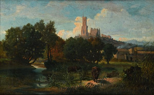 SCUOLA ROMANA DEL XIX SECOLO : Bufali nei pressi di un ruscello con un antico borgo in lontananza  - Asta Dipinti del XIX e XX secolo - Associazione Nazionale - Case d'Asta italiane