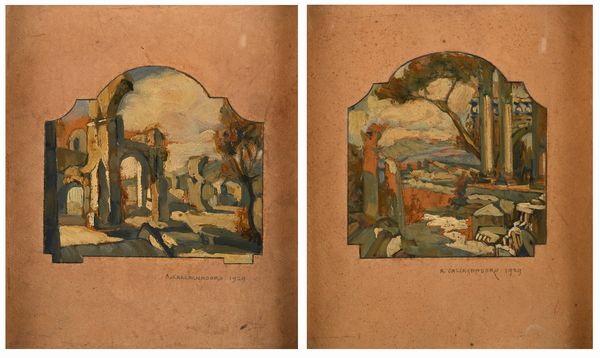 Antonino Calcagnadoro : Due paesaggi con antiche rovine architettoniche  - Asta Dipinti del XIX e XX secolo - Associazione Nazionale - Case d'Asta italiane