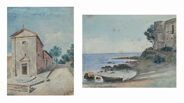 Scuola Italiana fine del XIX inizi del XX secolo : a) Marina  b) Strada con chiesa  - Asta Dipinti del XIX e XX secolo - Associazione Nazionale - Case d'Asta italiane