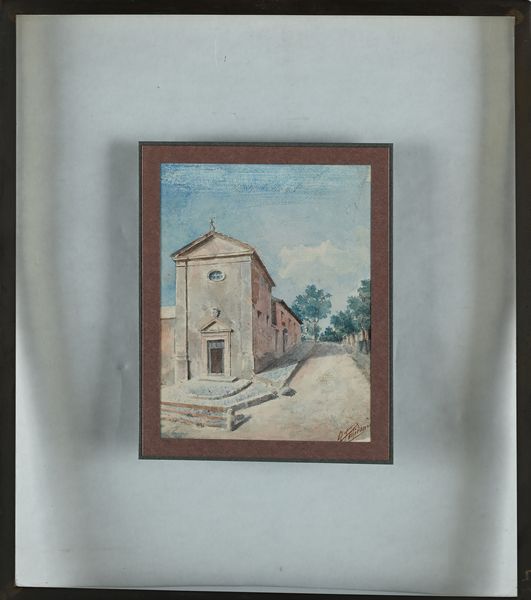 Scuola Italiana fine del XIX inizi del XX secolo : a) Marina  b) Strada con chiesa  - Asta Dipinti del XIX e XX secolo - Associazione Nazionale - Case d'Asta italiane