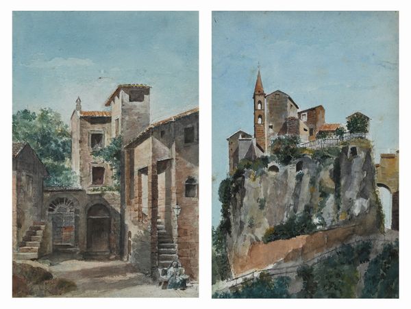 Scuola Italiana fine del XIX inizi del XX secolo : Due vedute di paese  - Asta Dipinti del XIX e XX secolo - Associazione Nazionale - Case d'Asta italiane