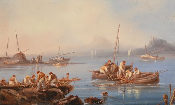 Salvatore Fergola : Pescatori e barche vicino agli approdi  - Asta Dipinti del XIX e XX secolo - Associazione Nazionale - Case d'Asta italiane