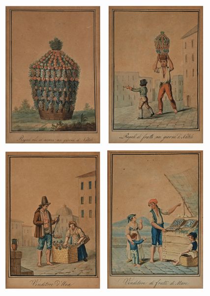 Scuola napoletana prima metà del XIX secolo : 'Venditore d'Uva'; 'Venditore di frutti di Mare'; 'Regali di frutti nei giorni di Natale';  'Regali che si usano nei giorni di Natale'  - Asta Dipinti del XIX e XX secolo - Associazione Nazionale - Case d'Asta italiane