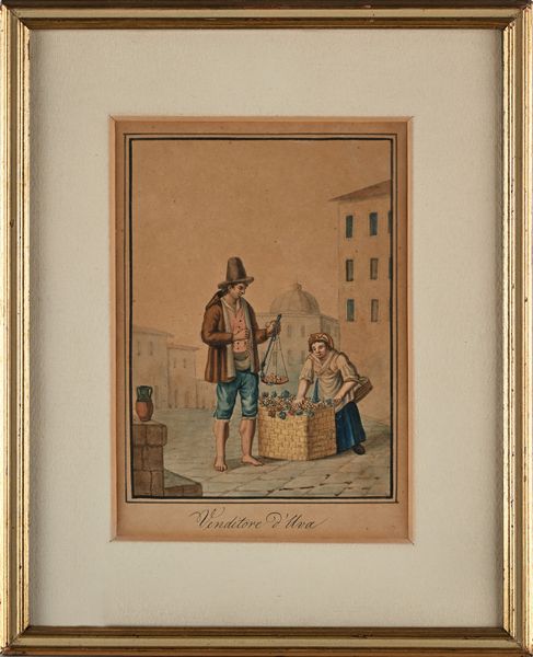 Scuola napoletana prima metà del XIX secolo : 'Venditore d'Uva'; 'Venditore di frutti di Mare'; 'Regali di frutti nei giorni di Natale';  'Regali che si usano nei giorni di Natale'  - Asta Dipinti del XIX e XX secolo - Associazione Nazionale - Case d'Asta italiane