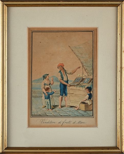 Scuola napoletana prima metà del XIX secolo : 'Venditore d'Uva'; 'Venditore di frutti di Mare'; 'Regali di frutti nei giorni di Natale';  'Regali che si usano nei giorni di Natale'  - Asta Dipinti del XIX e XX secolo - Associazione Nazionale - Case d'Asta italiane