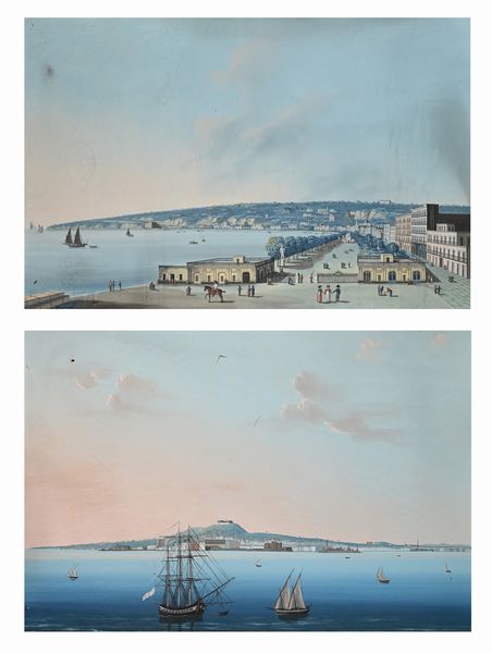 Scuola napoletana del XIX secolo : 'Napoli in generale' e 'Villa Reale di Napoli'  - Asta Dipinti del XIX e XX secolo - Associazione Nazionale - Case d'Asta italiane