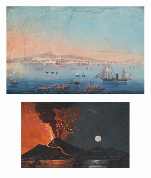 Scuola napoletana del XIX secolo : a) Veduta di Napoli da mare con barche di pescatori e velieri; b) 'ERUZIONE DEL 1804'  - Asta Dipinti del XIX e XX secolo - Associazione Nazionale - Case d'Asta italiane