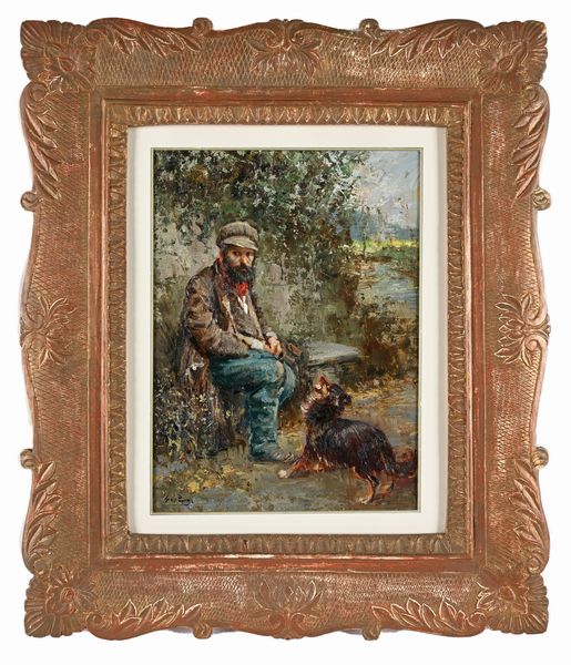 Giovanni Panza : Uomo con cagnolino  - Asta Dipinti del XIX e XX secolo - Associazione Nazionale - Case d'Asta italiane