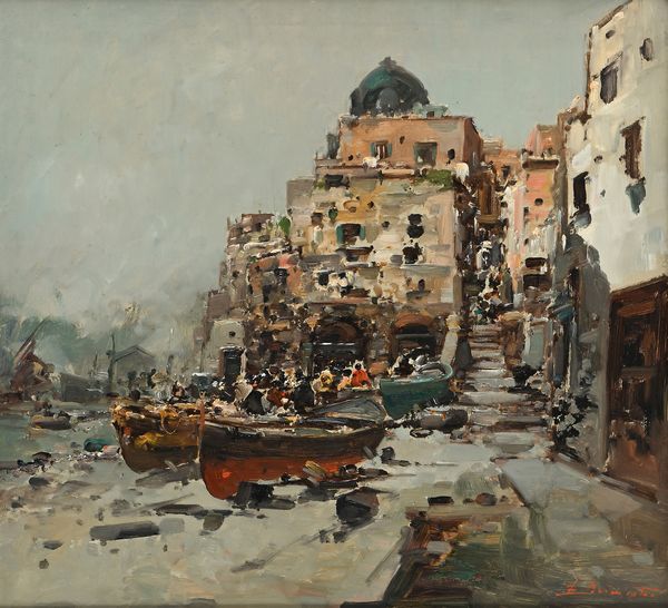 Ezelino Briante : Scorcio di borgo costiero con barche in secca  - Asta Dipinti del XIX e XX secolo - Associazione Nazionale - Case d'Asta italiane