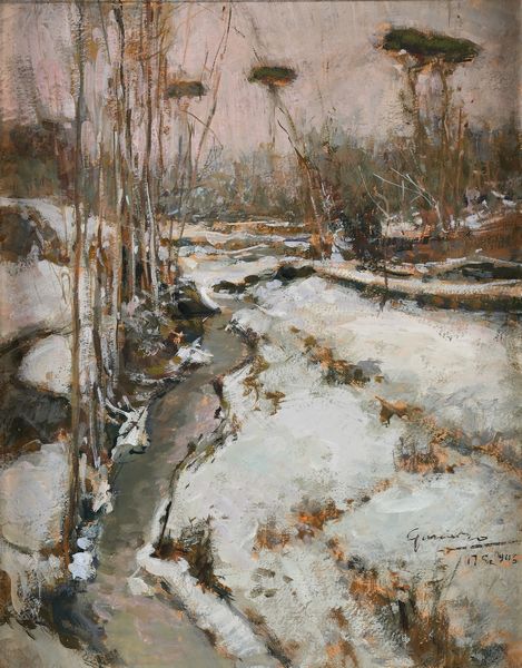 Giuseppe Casciaro : Paesaggio di campagna innevato con ruscello  - Asta Dipinti del XIX e XX secolo - Associazione Nazionale - Case d'Asta italiane