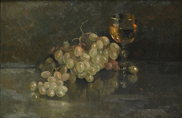 Dante Ricci : Natura morta con uva e calice di vino bianco  - Asta Dipinti del XIX e XX secolo - Associazione Nazionale - Case d'Asta italiane