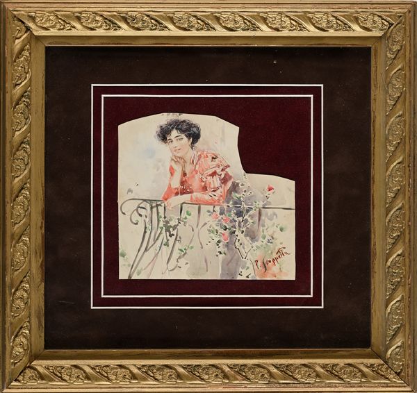 Pietro Scoppetta : Giovane donna al balcone  - Asta Dipinti del XIX e XX secolo - Associazione Nazionale - Case d'Asta italiane