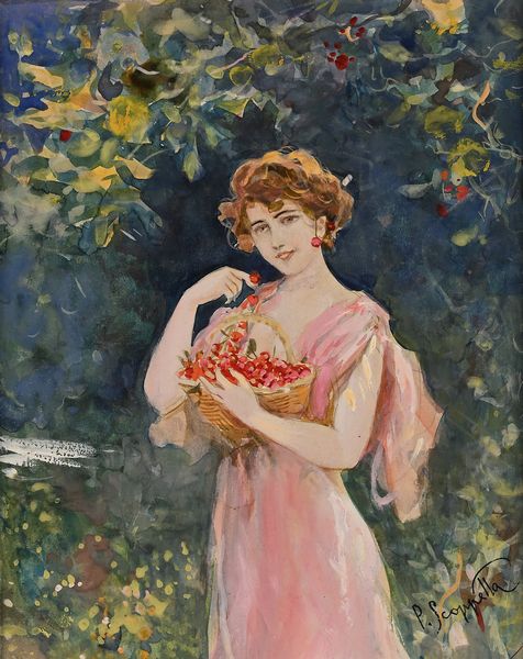Pietro Scoppetta : Una tira l'altra (giovane donna con cesto di ciliegie)  - Asta Dipinti del XIX e XX secolo - Associazione Nazionale - Case d'Asta italiane